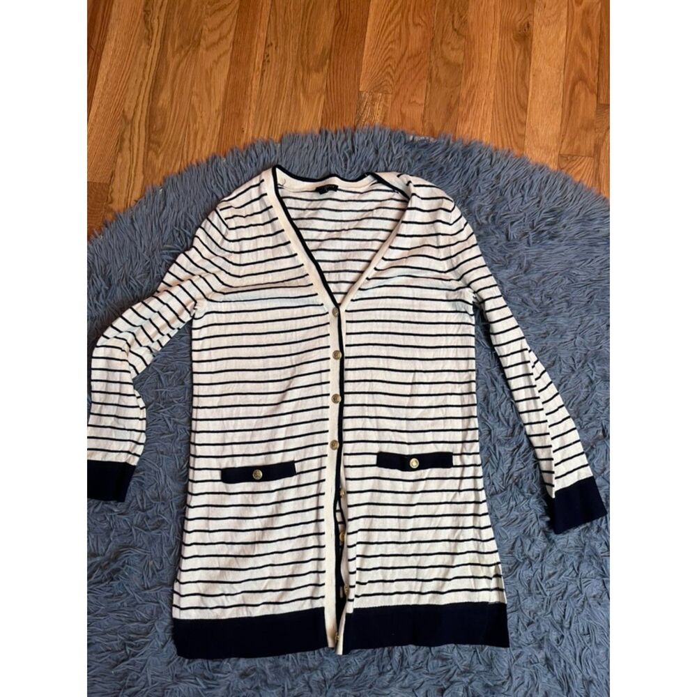Talbots White Navy Striped Button Down Cardigan Sweater Size M Petite